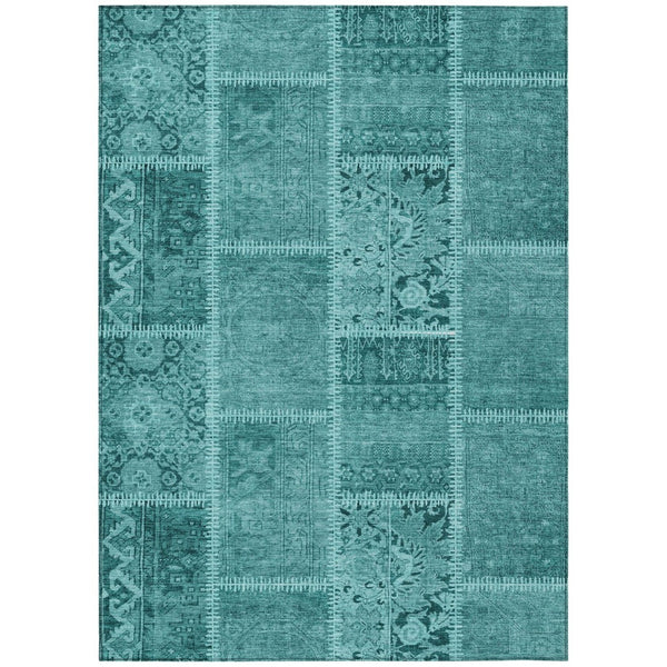HomeRoots 5' Vibrant Turquoise Teal Aqua Patchwork Area Rug - Durable, Washable for Indoor & Outdoor Use 8' X 10' 579406