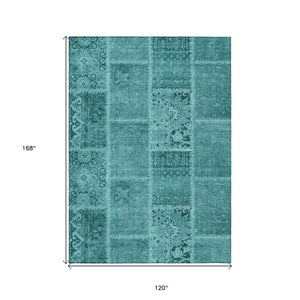 HomeRoots 5' Vibrant Turquoise Teal Aqua Patchwork Area Rug - Durable, Washable for Indoor & Outdoor Use 10' X 14' 579408