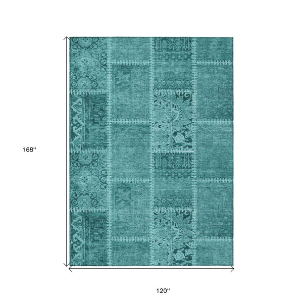 HomeRoots 5' Vibrant Turquoise Teal Aqua Patchwork Area Rug - Durable, Washable for Indoor & Outdoor Use 10' X 14' 579408