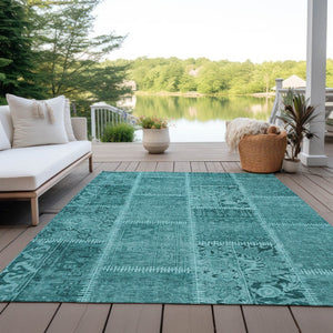 HomeRoots 5' Vibrant Turquoise Teal Aqua Patchwork Area Rug - Durable, Washable for Indoor & Outdoor Use 10' X 14' 579408