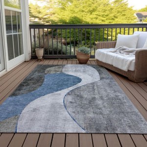 Homeroots 3' Denim Blue And Sky Blue Abstract Washable Area Rug For Indoor And Outdoor Versatile Spaces 3' X 5' Polyester 579409