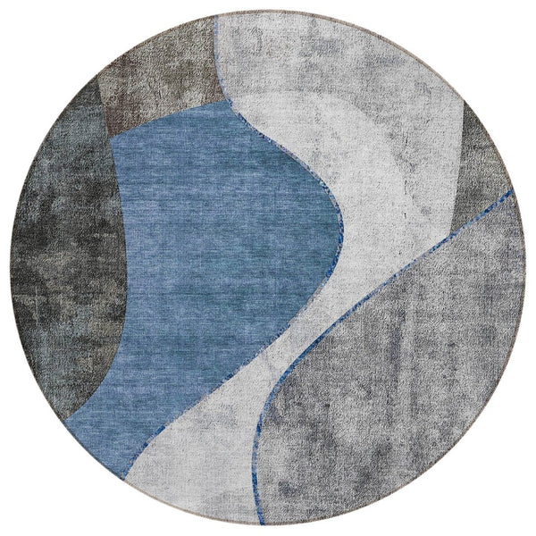HomeRoots 5' Transform Your Space with a Denim Blue and Sky Blue Abstract Washable Area Rug for Indoor Outdoor Use 8' Round 579411