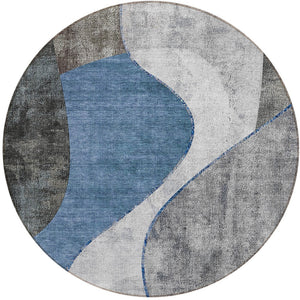 Homeroots 3' Denim Blue And Sky Blue Abstract Washable Area Rug For Indoor And Outdoor Versatile Spaces 8' Round Polyester 579411