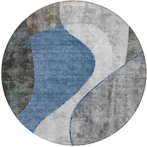 Homeroots 3' Denim Blue And Sky Blue Abstract Washable Area Rug For Indoor And Outdoor Versatile Spaces 8' Round Polyester 579411
