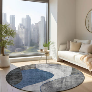 Homeroots 3' Denim Blue And Sky Blue Abstract Washable Area Rug For Indoor And Outdoor Versatile Spaces 8' Round Polyester 579411