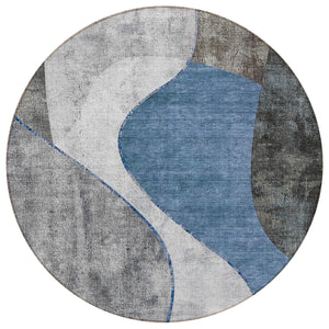 Homeroots 3' Denim Blue And Sky Blue Abstract Washable Area Rug For Indoor And Outdoor Versatile Spaces 8' Round Polyester 579411