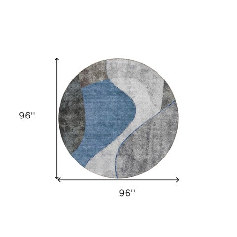 Homeroots 3' Denim Blue And Sky Blue Abstract Washable Area Rug For Indoor And Outdoor Versatile Spaces 8' Round Polyester 579411