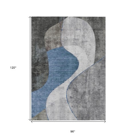 Homeroots 3' Denim Blue And Sky Blue Abstract Washable Area Rug For Indoor And Outdoor Versatile Spaces 8' X 10' Polyester 579412