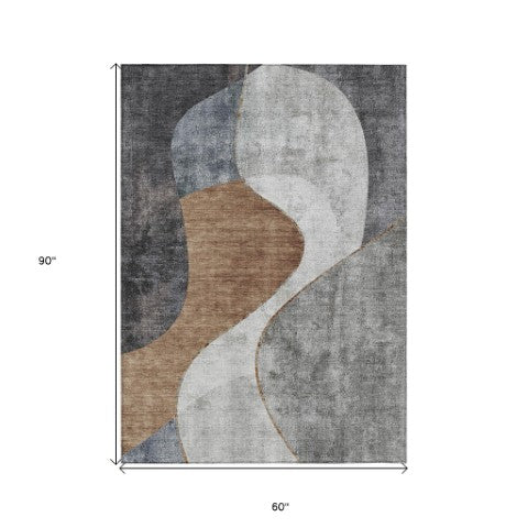 Homeroots 3' Denim Blue And Sky Blue Abstract Washable Area Rug For Indoor And Outdoor Versatile Spaces 5' X 8' Polyester 579422