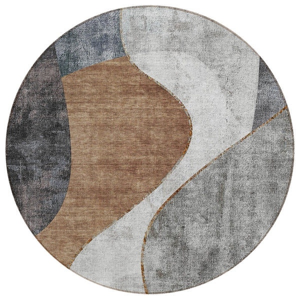 HomeRoots 5' Versatile Gray Charcoal and Brown Abstract Area Rug for Indoor/Outdoor Use - Durable & Washable 8' Round 579423
