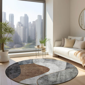 Homeroots 3' Denim Blue And Sky Blue Abstract Washable Area Rug For Indoor And Outdoor Versatile Spaces 8' Round Polyester 579423