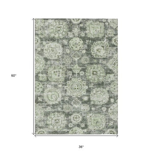 Homeroots 3' Artichoke Green Floral Washable Area Rug - Ideal For Indoor & Outdoor Spaces, Stain Resistant Design 3' X 5' Polyester 579427