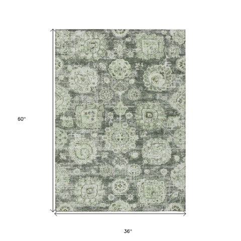 Homeroots 3' Artichoke Green Floral Washable Area Rug - Ideal For Indoor & Outdoor Spaces, Stain Resistant Design 3' X 5' Polyester 579427