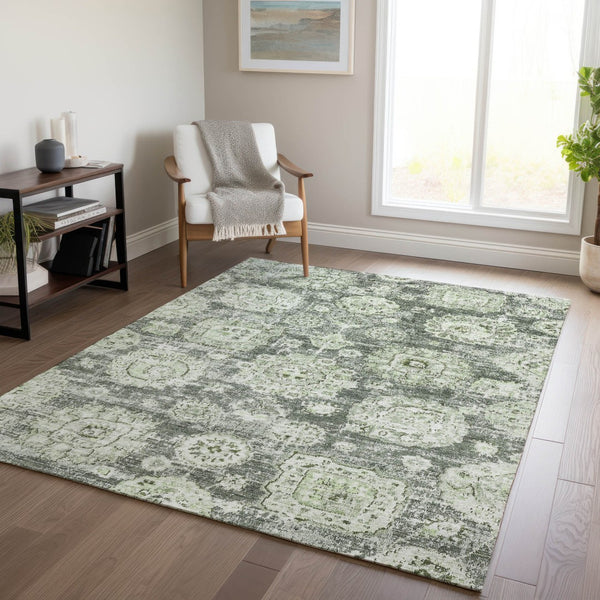 Homeroots 3' Artichoke Green Floral Washable Area Rug - Ideal For Indoor & Outdoor Spaces, Stain Resistant Design 5' X 8' Polyester 579428