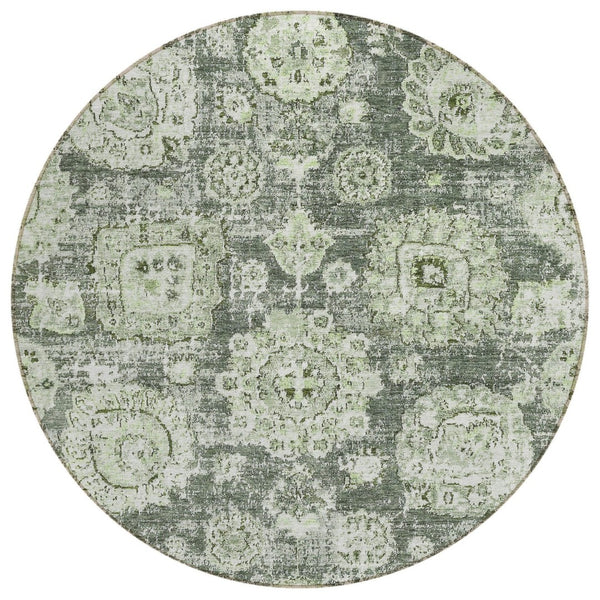 HomeRoots 5' Artichoke Green & Olive Floral Area Rug - Durable, Washable Design for Indoor & Outdoor Spaces 8' Round 579429