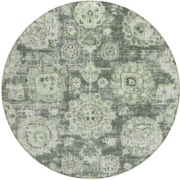 Homeroots 3' Artichoke Green Floral Washable Area Rug - Ideal For Indoor & Outdoor Spaces, Stain Resistant Design 8' Round Polyester 579429