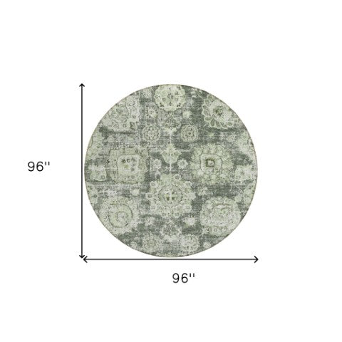 Homeroots 3' Artichoke Green Floral Washable Area Rug - Ideal For Indoor & Outdoor Spaces, Stain Resistant Design 8' Round Polyester 579429