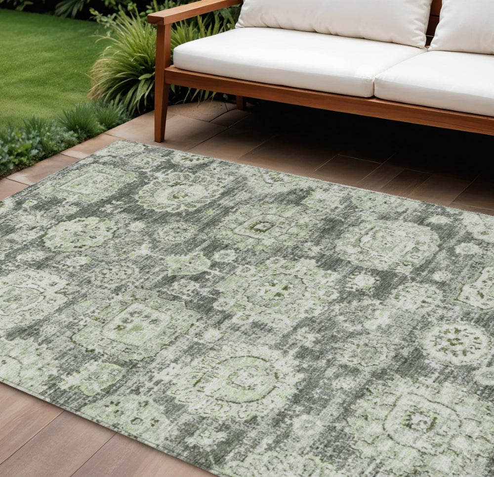 HomeRoots 9' Artichoke Green Floral Area Rug - Durable, Washable, Indoor/Outdoor Design for High-Traffic Spaces 9' X 12' 579431