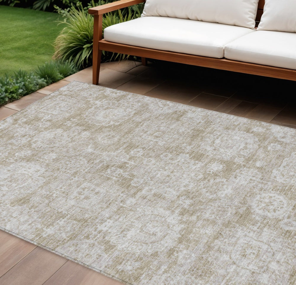 HomeRoots 5' Timeless Beige Tan and Gray Floral Washable Area Rug for Indoor and Outdoor Spaces, Durable Design 10' X 14' 579438