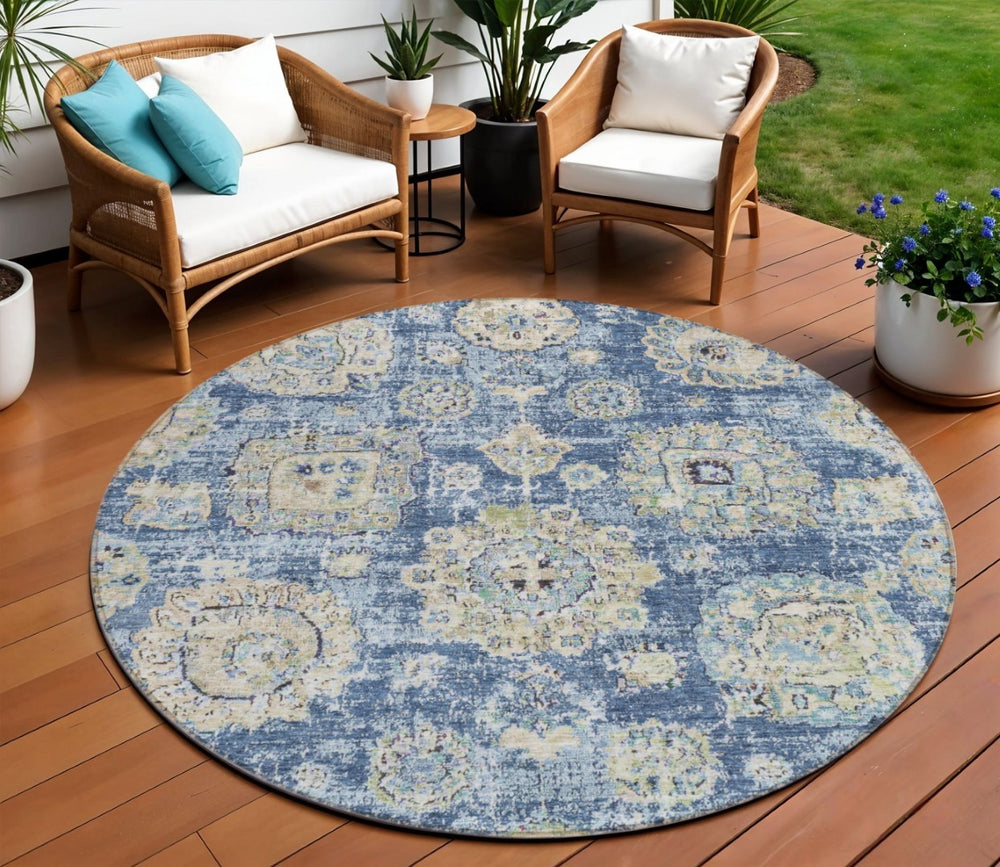 HomeRoots 5' Elegant Navy Blue and Beige Floral Area Rug - Washable, Stain Resistant for Indoor & Outdoor Use 8' Round 579441