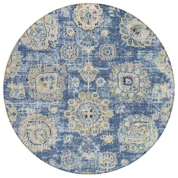 HomeRoots 5' Elegant Navy Blue and Beige Floral Area Rug - Washable, Stain Resistant for Indoor & Outdoor Use 8' Round 579441