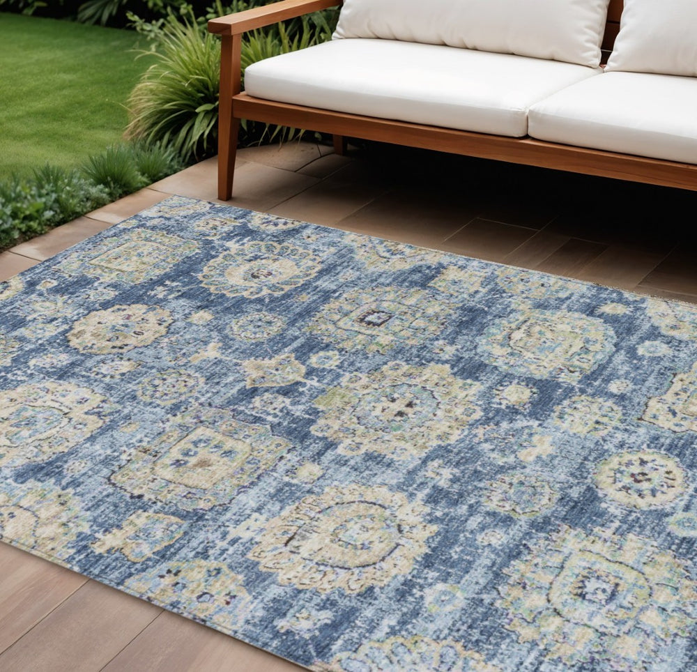 HomeRoots 9' Navy Blue and Beige Floral Washable Area Rug - Durable, Stylish for Indoor and Outdoor Spaces 9' X 12' 579443