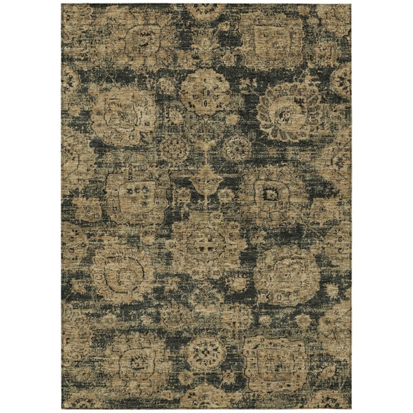 HomeRoots 5' Charcoal Gold Tan Floral Washable Area Rug for Indoor & Outdoor Use - Stylish & Durable Design 5' X 8' 579446
