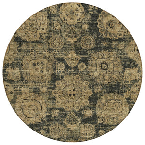 HomeRoots 5' Charcoal Gold Tan Floral Washable Area Rug for Indoor & Outdoor Use - Stylish & Durable Design 8' Round 579447