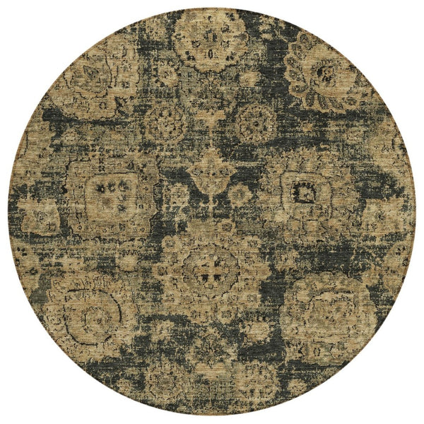 HomeRoots 5' Charcoal Gold Tan Floral Washable Area Rug for Indoor & Outdoor Use - Stylish & Durable Design 8' Round 579447
