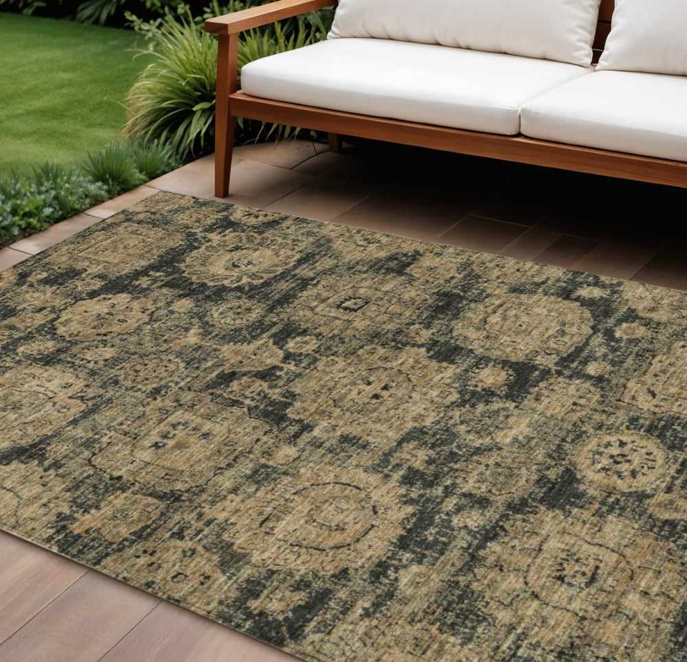 HomeRoots 5' Charcoal Gold Tan Floral Washable Area Rug for Indoor & Outdoor Use - Stylish & Durable Design 8' X 10' 579448