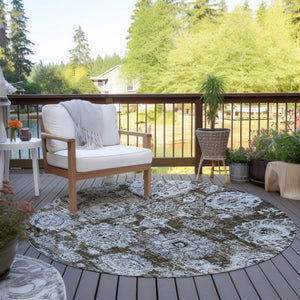 Homeroots 3' Artichoke Green Floral Washable Area Rug - Ideal For Indoor & Outdoor Spaces, Stain Resistant Design 8' Round Polyester 579453