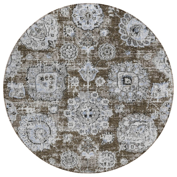 HomeRoots 5' Chocolate and Blue Floral Area Rug - Durable, Washable Design for Indoor and Outdoor Spaces 8' Round 579453