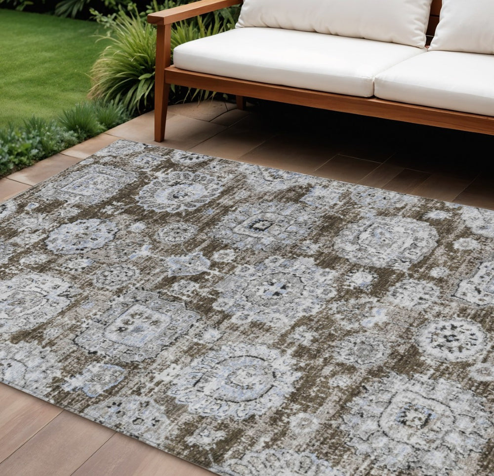 HomeRoots 9' Chocolate and Blue Floral Area Rug - Stylish, Washable Design for Indoor and Outdoor Spaces 9' X 12' 579455