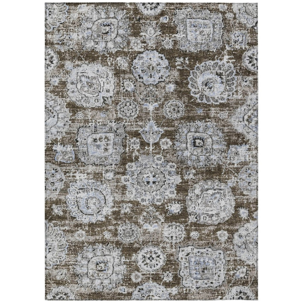 HomeRoots 9' Chocolate and Blue Floral Area Rug - Stylish, Washable Design for Indoor and Outdoor Spaces 9' X 12' 579455