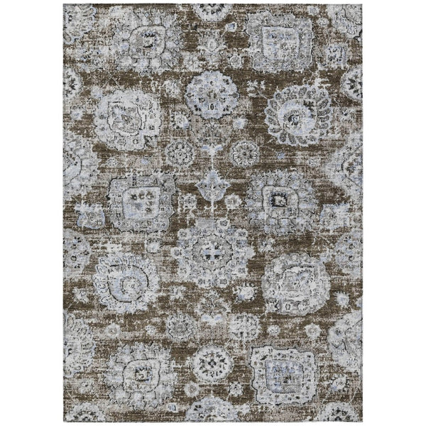 HomeRoots 9' Chocolate and Blue Floral Area Rug - Stylish, Washable Design for Indoor and Outdoor Spaces 9' X 12' 579455