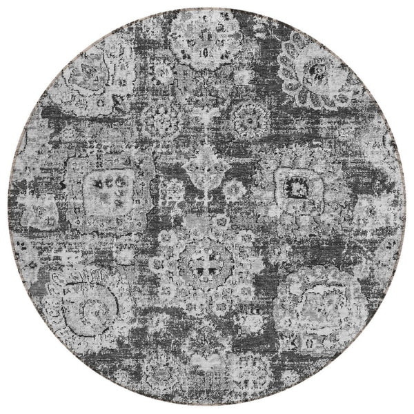 HomeRoots 5' Elegant Gray Charcoal & Silver Floral Area Rug – Durable, Washable for Indoor & Outdoor Spaces 8' Round 579459