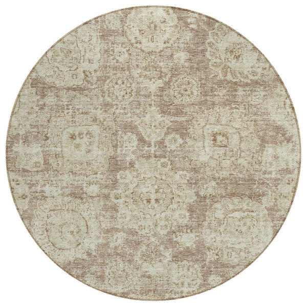 HomeRoots 5' Classic Floral Area Rug - Brown, Tan & Beige, Machine Washable for Easy Indoor/Outdoor Use 8' Round 579465