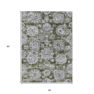 Homeroots 3' Artichoke Green Floral Washable Area Rug - Ideal For Indoor & Outdoor Spaces, Stain Resistant Design 5' X 8' Polyester 579476
