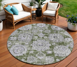 Homeroots 3' Artichoke Green Floral Washable Area Rug - Ideal For Indoor & Outdoor Spaces, Stain Resistant Design 8' Round Polyester 579477