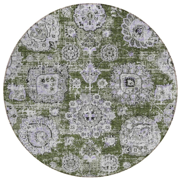 HomeRoots 5' Stylish Olive Green and Gray Floral Indoor Outdoor Area Rug for High-Traffic Spaces and Easy Care 8' Round 579477