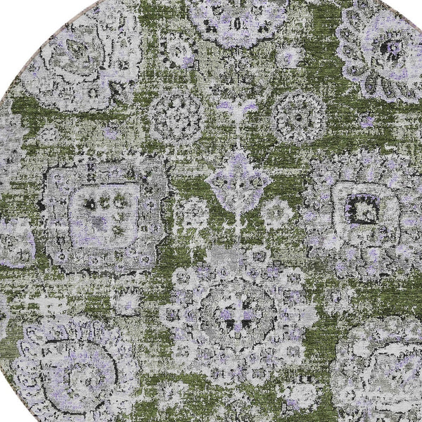 Homeroots 3' Artichoke Green Floral Washable Area Rug - Ideal For Indoor & Outdoor Spaces, Stain Resistant Design 8' Round Polyester 579477