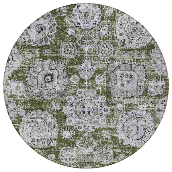 Homeroots 3' Artichoke Green Floral Washable Area Rug - Ideal For Indoor & Outdoor Spaces, Stain Resistant Design 8' Round Polyester 579477