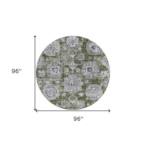 Homeroots 3' Artichoke Green Floral Washable Area Rug - Ideal For Indoor & Outdoor Spaces, Stain Resistant Design 8' Round Polyester 579477