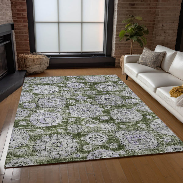 Homeroots 3' Artichoke Green Floral Washable Area Rug - Ideal For Indoor & Outdoor Spaces, Stain Resistant Design 8' X 10' Polyester 579478
