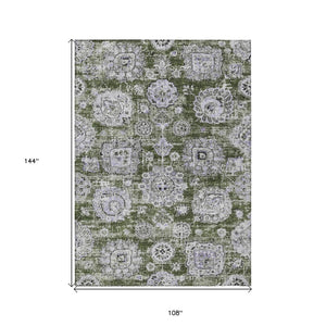 Homeroots 3' Artichoke Green Floral Washable Area Rug - Ideal For Indoor & Outdoor Spaces, Stain Resistant Design 9' X 12' Polyester 579479