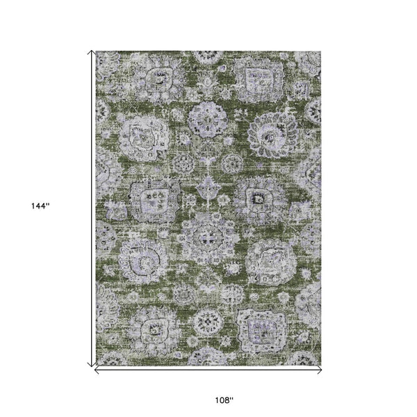 Homeroots 3' Artichoke Green Floral Washable Area Rug - Ideal For Indoor & Outdoor Spaces, Stain Resistant Design 9' X 12' Polyester 579479
