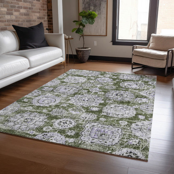 Homeroots 3' Artichoke Green Floral Washable Area Rug - Ideal For Indoor & Outdoor Spaces, Stain Resistant Design 9' X 12' Polyester 579479