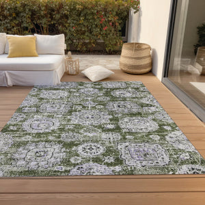 Homeroots 3' Artichoke Green Floral Washable Area Rug - Ideal For Indoor & Outdoor Spaces, Stain Resistant Design 9' X 12' Polyester 579479