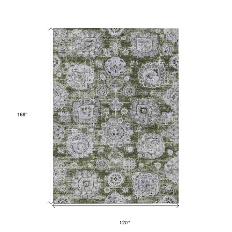 Homeroots 3' Artichoke Green Floral Washable Area Rug - Ideal For Indoor & Outdoor Spaces, Stain Resistant Design 10' X 14' Polyester 579480