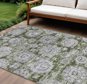 Homeroots 3' Artichoke Green Floral Washable Area Rug - Ideal For Indoor & Outdoor Spaces, Stain Resistant Design 10' X 14' Polyester 579480